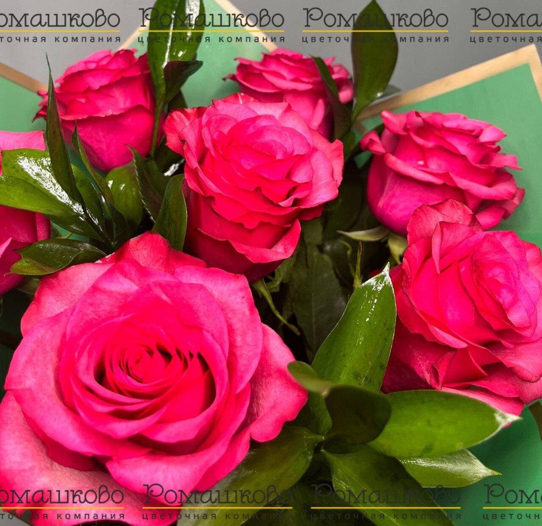 Семь роз с зеленью в ярком флизелине
