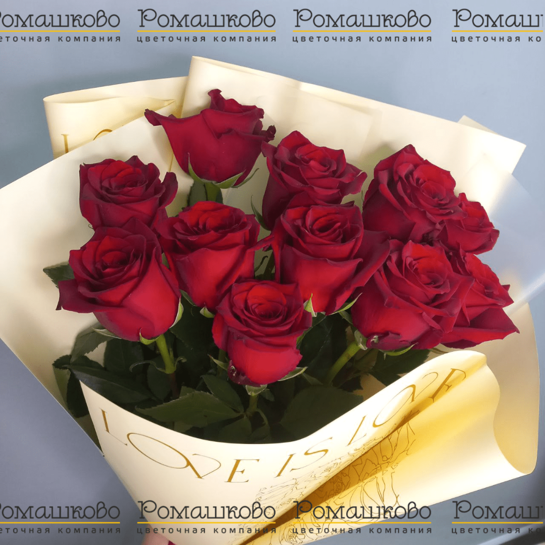Букет из 11 бордовых роз в крафте