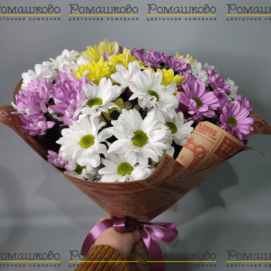 Букет из 15 разноцветных кустовых хризантем