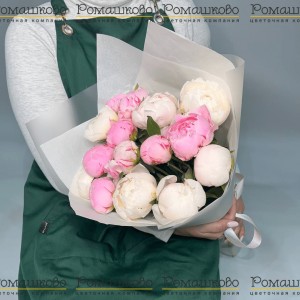 Превью Букет из 15 Бело-Розовых Пионов «Романтическое сочетание»