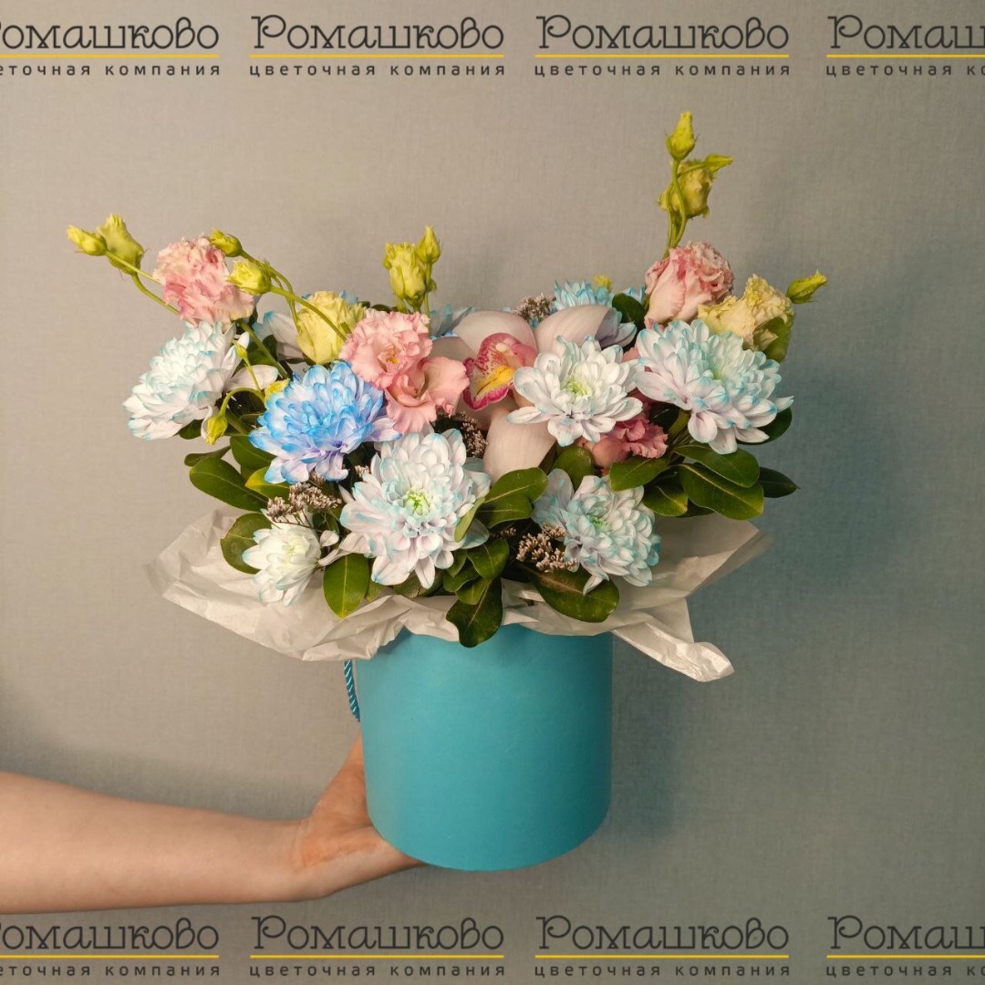 Шляпная коробка с цветами «Бирюзовый закат»