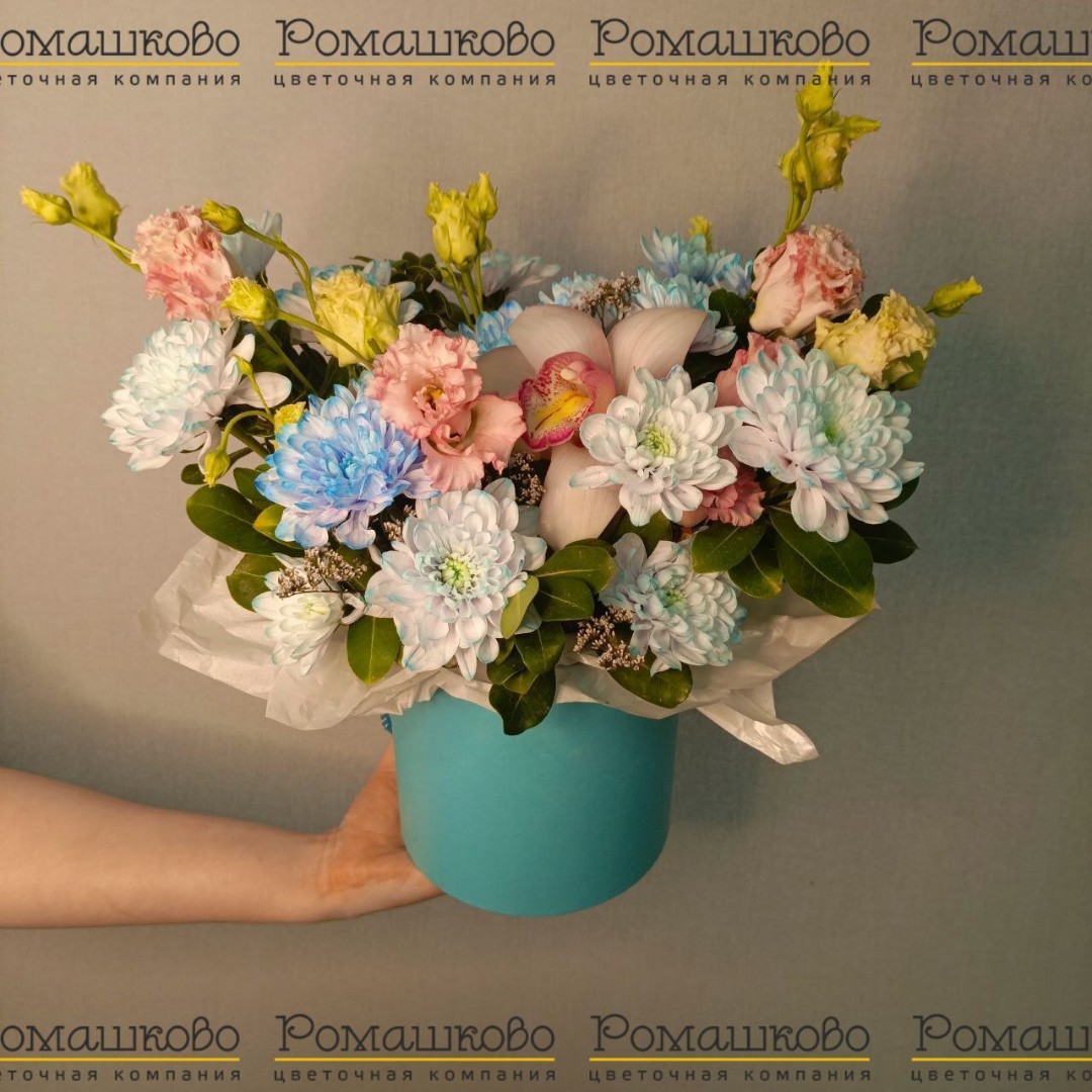 Шляпная коробка с цветами «Бирюзовый закат»