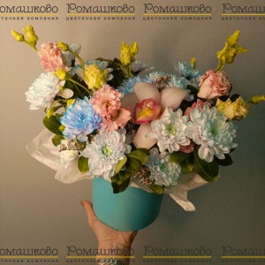 Превью Шляпная коробка с цветами «Бирюзовый закат»