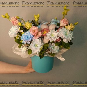 Превью Шляпная коробка с цветами «Бирюзовый закат»